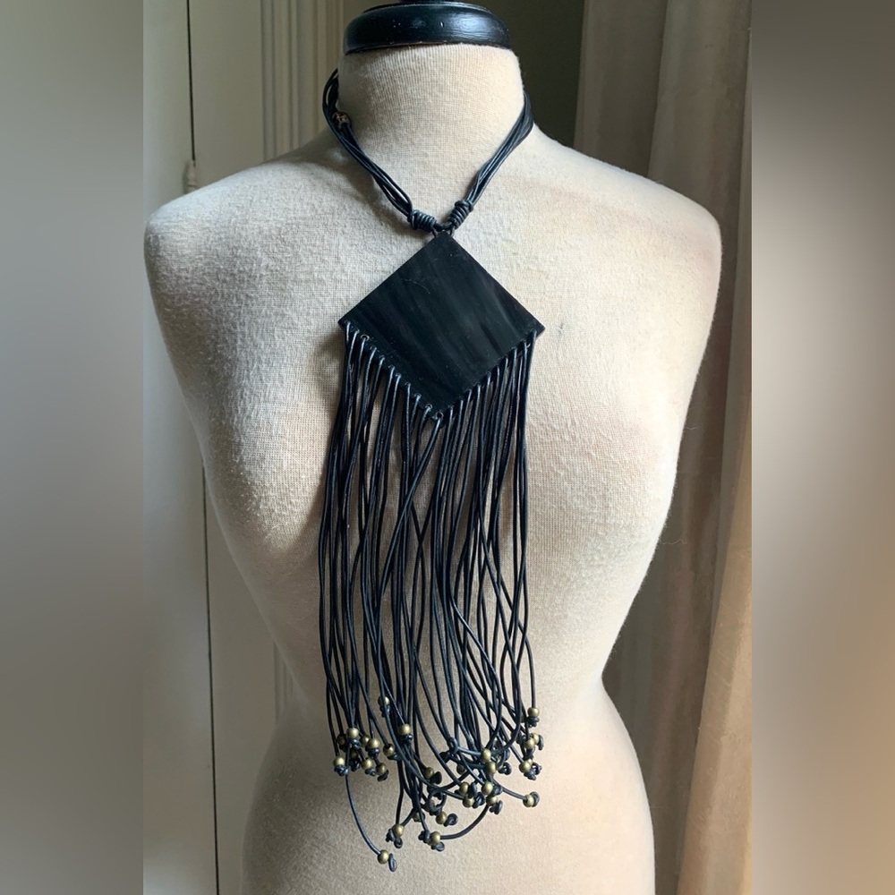 Sweet Olive Black Horn & Leather w Brass Details Necklace